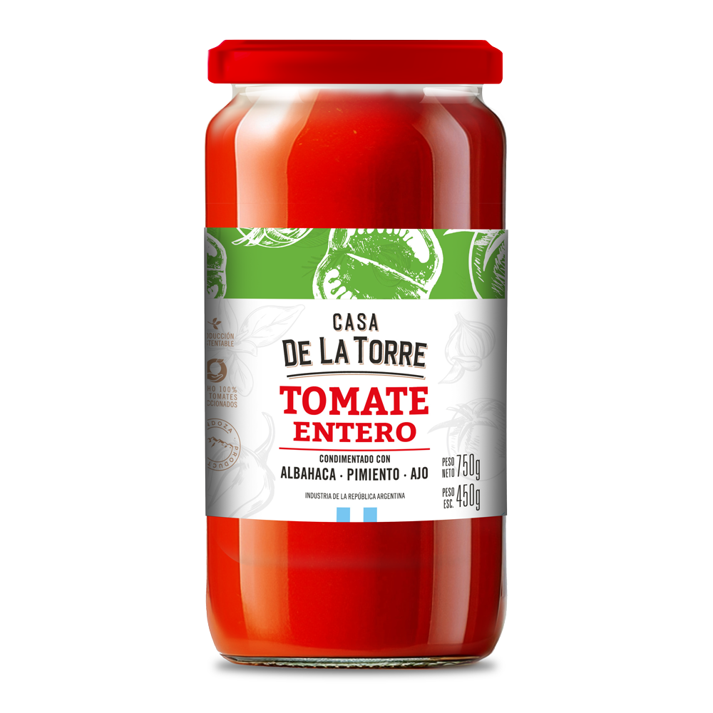 Tomate entero condimentado con albahaca, pimiento y ajo 750g.