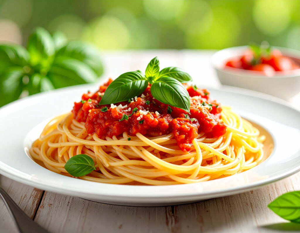 Spaghetti con filetto y albahaca