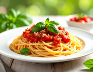 Spaghetti con filetto y albahaca